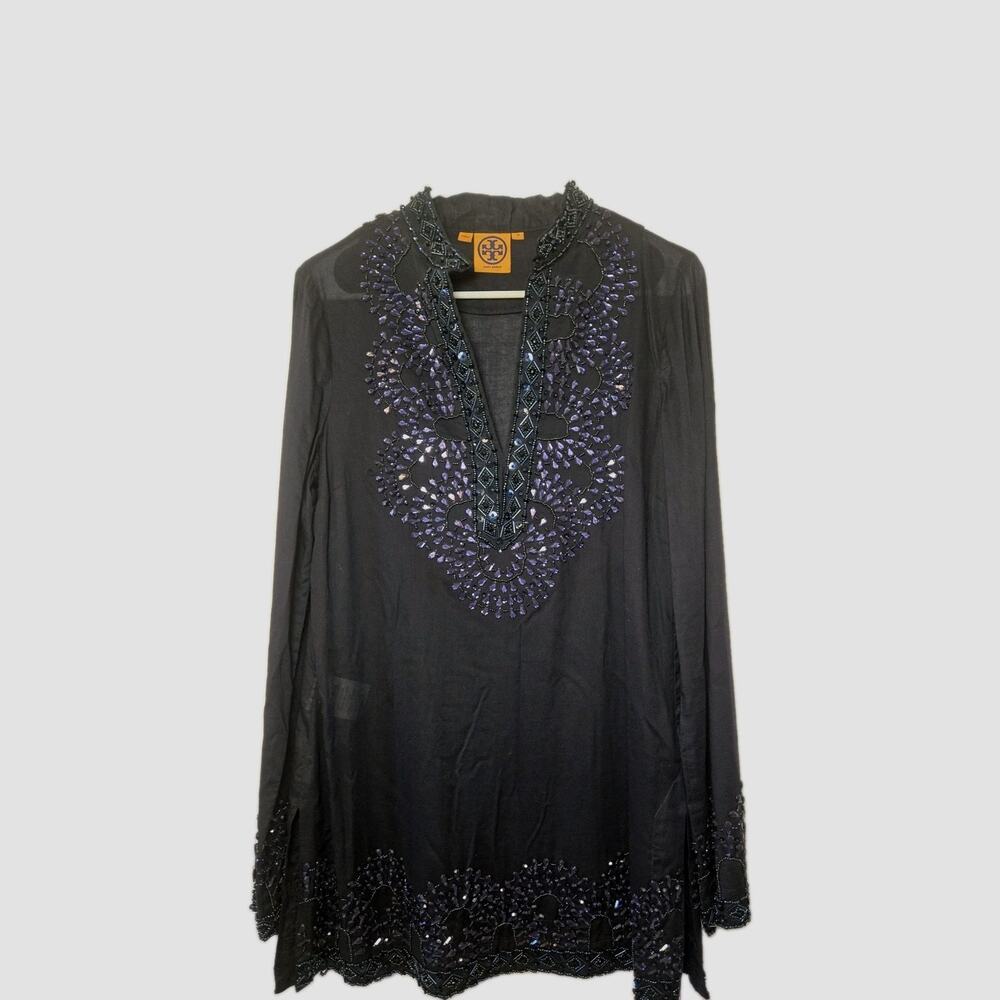 Tory Burch US Womens Size 10 100% Cotton Navy Beaded Tunic Top Blouse EUC